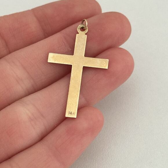 Vintage 14K Yellow Gold Diamond Etched Cross Religious Charm Pendant - Picture 11 of 12